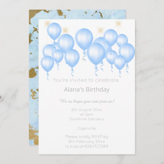 ELEGANT MARBLE BLUE BALLOON BIRTHDAY EINLADUNG (Vorne/Hinten)