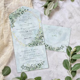 Elegant Marble Eucalyptus Dusty Blue Wedding All In One Einladung