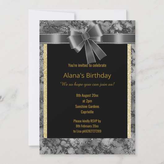 ELEGANT MARBLE GLITZER GOLD BLACK BOW EINLADUNG (Vorderseite)