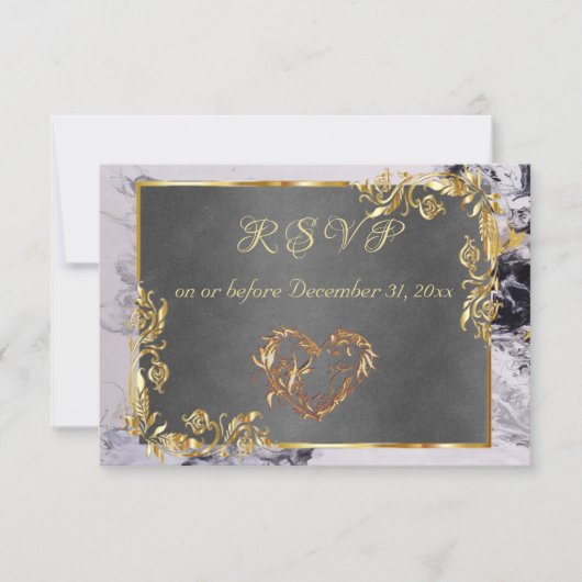 Elegant Marble, Grey, Gold Frame, Gold Heart RSVP Karte (Vorderseite)