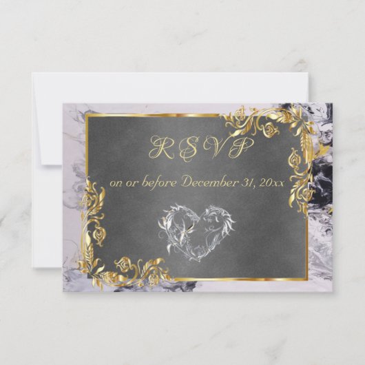 Elegant Marble, Grey, Gold Frame, Silver Heart RSVP Karte (Vorderseite)