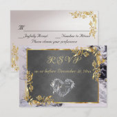 Elegant Marble, Grey, Gold Frame, Silver Heart RSVP Karte (Vorne/Hinten)