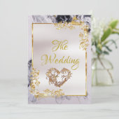 Elegant Marble, White, Gold Frame, Gold Heart Einladung (Stehend Vorderseite)