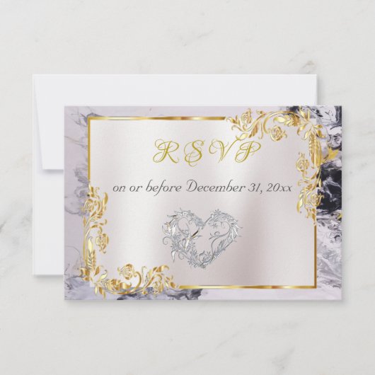 Elegant Marble, White, Gold Frame, Silver Heart  RSVP Karte (Vorderseite)