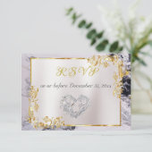 Elegant Marble, White, Gold Frame, Silver Heart  RSVP Karte (Stehend Vorderseite)