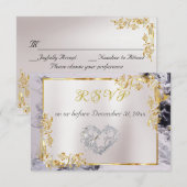 Elegant Marble, White, Gold Frame, Silver Heart  RSVP Karte (Vorne/Hinten)