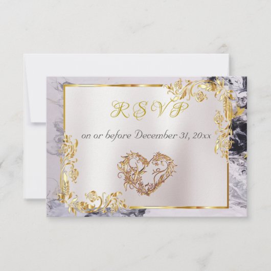 Elegant Marble, White, Gold Frame, Silver Heart RSVP Karte (Vorderseite)