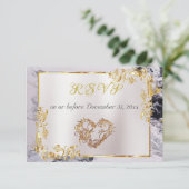 Elegant Marble, White, Gold Frame, Silver Heart RSVP Karte (Stehend Vorderseite)