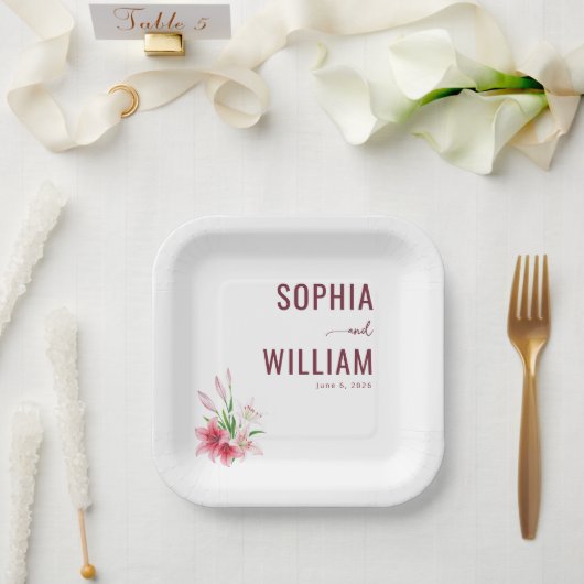 Elegant Marine-Rotes Floral Pappteller (Hochzeit)