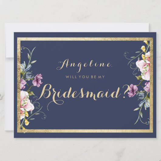 Elegant marineblau, blau, goldfarben, rosa und blü einladung (Vorderseite)