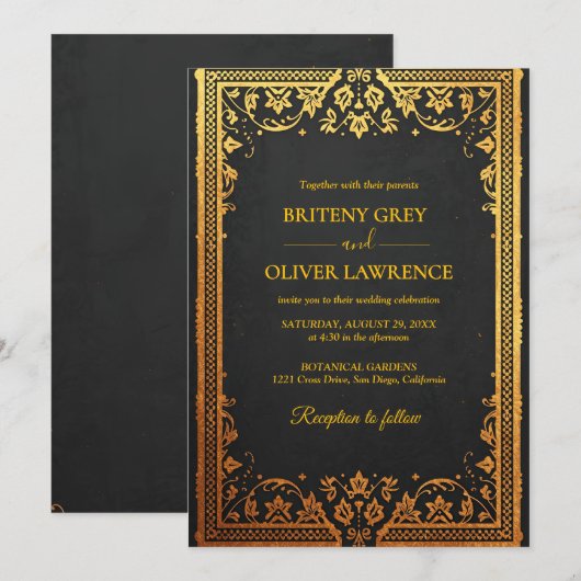 Elegant marineblau Gold Papel Picado Unkraut Einladung (Vorne/Hinten)