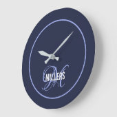 Elegant marineblau Monogramm Familienname   Große Wanduhr (Winkel)