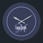 Elegant marineblau Monogramm Familienname   Große Wanduhr<br><div class="desc">Moderne Wanduhr mit marineblau Hintergrund,  blaues Script Monogramm und weißem Familiennamen. Personalisieren Sie Ihre persönlichen Daten mit Ihrem Anfangs- und Familiennamen.</div>