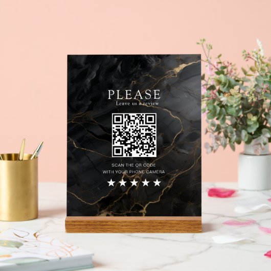 Elegant, Marmor-Schwarz-Gold, Salon, QR-Code Revie Acrylschild (Hochzeit)