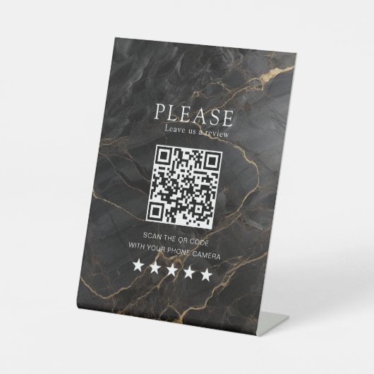 Elegant, Marmor-Schwarz-Gold, Salon, QR-Code Revie Sockelschild (Vorderseite)