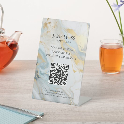 Elegant, Marmorblau-Gold, Salon, QR-Code Sockelschild (In SItu)