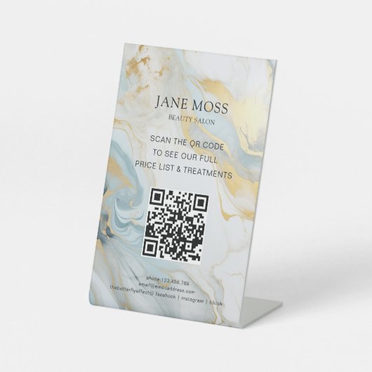 Elegant, Marmorblau-Gold, Salon, QR-Code Sockelschild (Vorderseite)