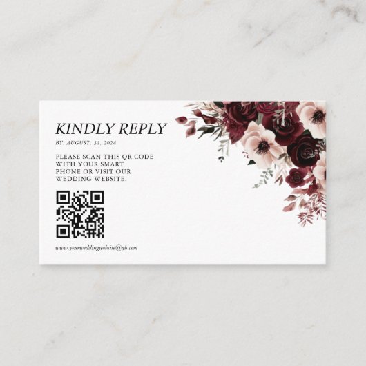 Elegant Maroon Burgundy Wedding QR Code Begleitkarte (Vorderseite)
