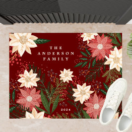 Elegant Maroon Familienname Poinsettia Weihnachten Fußmatte