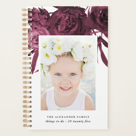 Elegant Maroon Floral Bouquet mit Name und Foto Planer (Vorderseite)