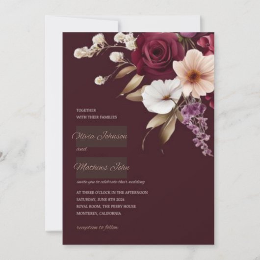 Elegant Maroon Floral Wedding Einladung (Vorderseite)