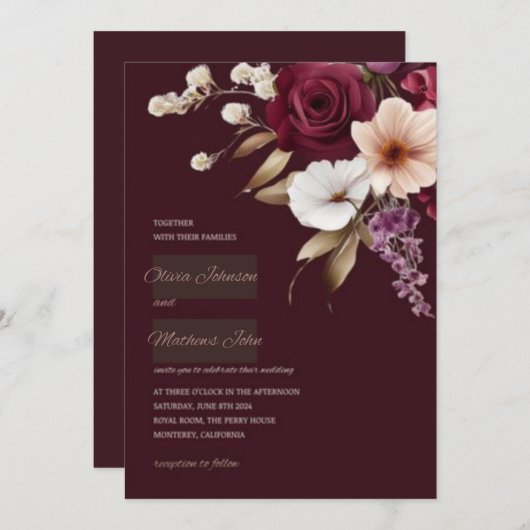 Elegant Maroon Floral Wedding Einladung (Vorne/Hinten)