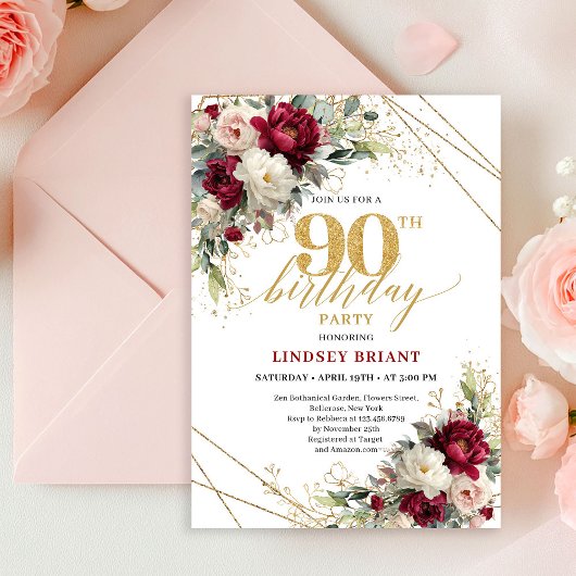 Elegant Maroon Gold Floral 90th Birthday Invite Einladung