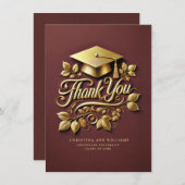 Elegant Maroon Gold Grad Cap Leaf Abschluss Dankeskarte (Vorne/Hinten)