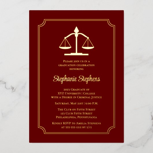 Elegant Maroon Law Attorney Graduation Party Folieneinladung (Vorderseite)