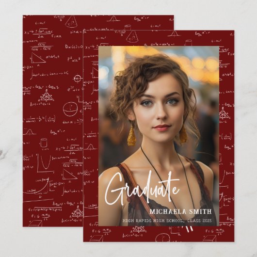 Elegant Maroon Math Script Photo Graduation  Ankündigung (Vorne/Hinten)