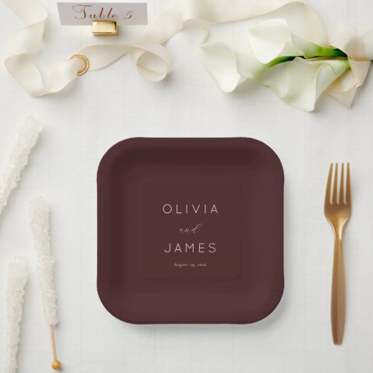 Elegant Maroon Minimalist Calligraphy Pappteller (Hochzeit)