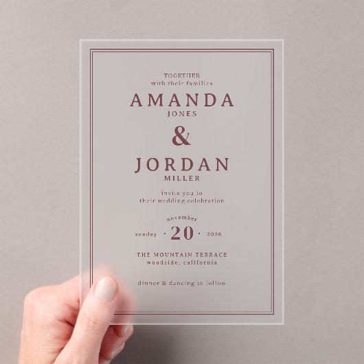 Elegant Maroon Minimalist Wedding Invitation Acryleinladungen (Insitu (Handheld))