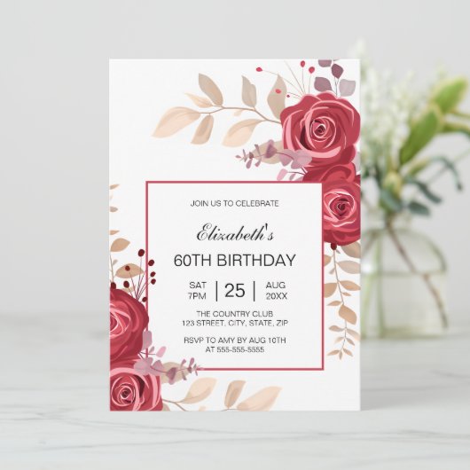 Elegant Maroon Rose Blumengrün Geburtstag Einladung (Stehend Vorderseite)