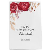 Elegant Maroon Rose Blumengrün Geburtstag Mittlere Geschenktüte (Vorderseite)