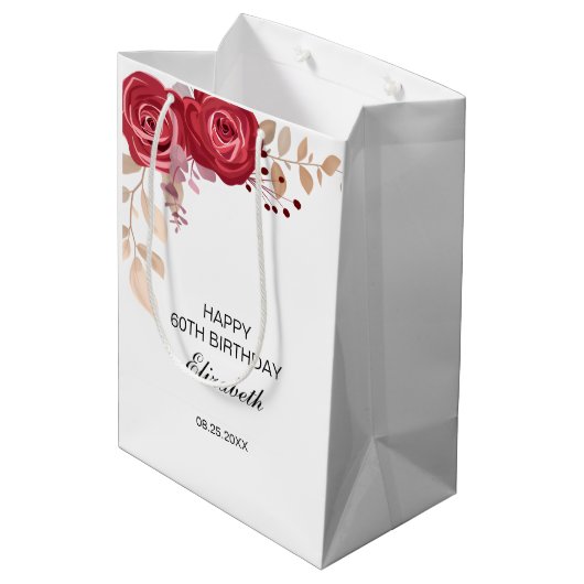 Elegant Maroon Rose Blumengrün Geburtstag Mittlere Geschenktüte (Rückseite Schrägansicht)