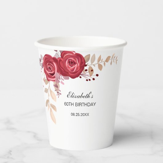 Elegant Maroon Rose Blumengrün Geburtstag Pappbecher (Vorderseite)
