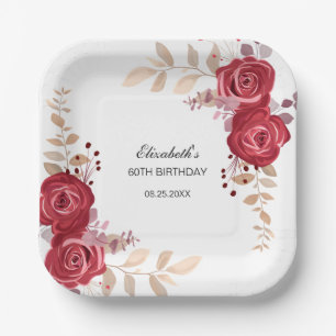 Elegant Maroon Rose Blumengrün Geburtstag Pappteller