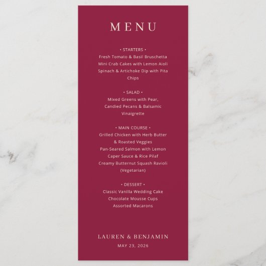 Elegant Maroon Wedding Menu Menükarte (Vorderseite)