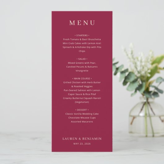 Elegant Maroon Wedding Menu Menükarte (Stehend Vorderseite)