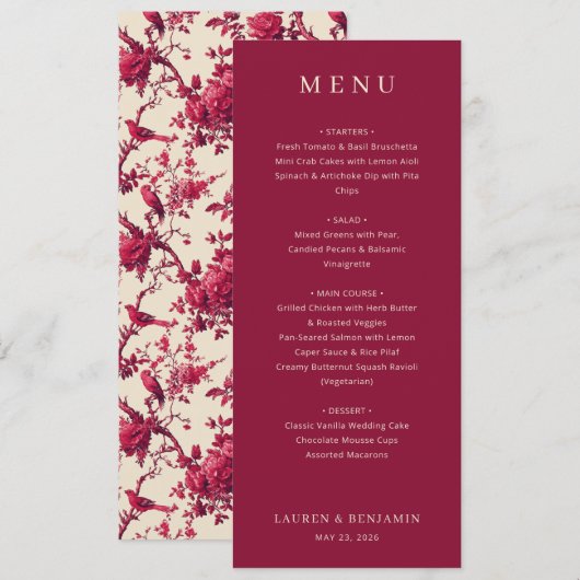 Elegant Maroon Wedding Menu Menükarte (Vorne/Hinten)