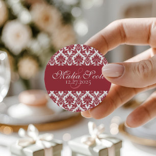 Elegant Maroon White Damask Wedding Gefallen Runder Aufkleber