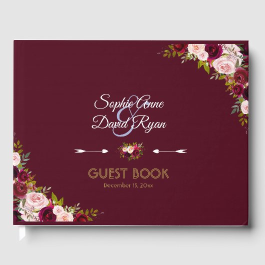 Elegant Marsala Floral Burgundy Wedding Gästebuch (Vorderseite)
