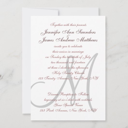 Elegant Marsala Gray Wedding Invitations Initial Einladung (Rückseite)
