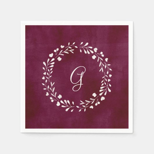 Elegant Marsala | Monogramm mit Wreath Serviette (Vorderseite)