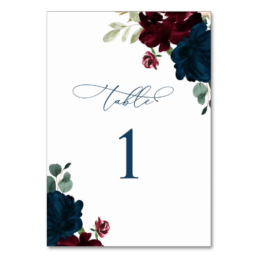 Elegant Marsala & Navy Blume Tabelle 1 Hochzeit Tischnummer (Rückseite)