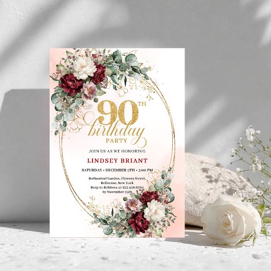 Elegant Marsala Peonies Eucalyptus 90th Birthday Einladung