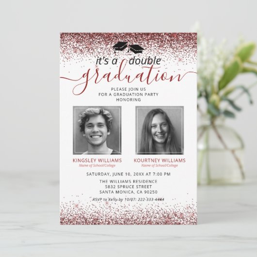 Elegant Marsala Red Joint Abschluss Foto Einladung (Stehend Vorderseite)