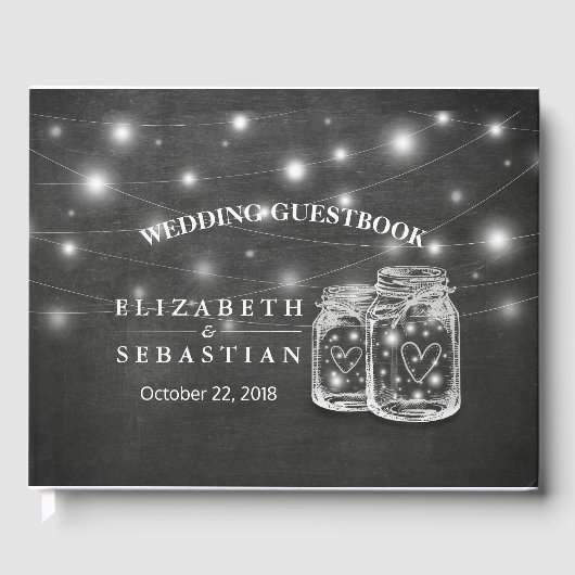 Elegant Mason Jar String Lights Chalkboard Wedding Gästebuch (Vorderseite)