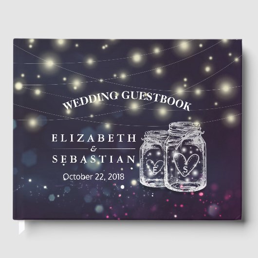 Elegant Mason Jar String Lights Wedding Guestbook Gästebuch (Vorderseite)