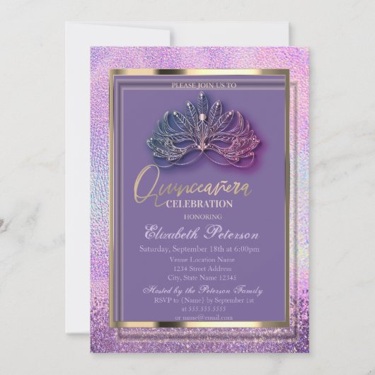 Elegant Masque Diamonds Holographic Quinceañera Einladung (Vorderseite)